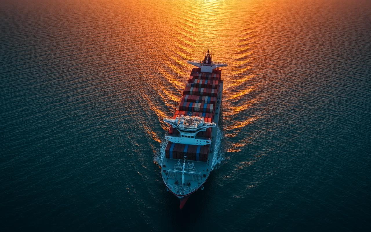 Cargo ship at golden hour crossing open ocean