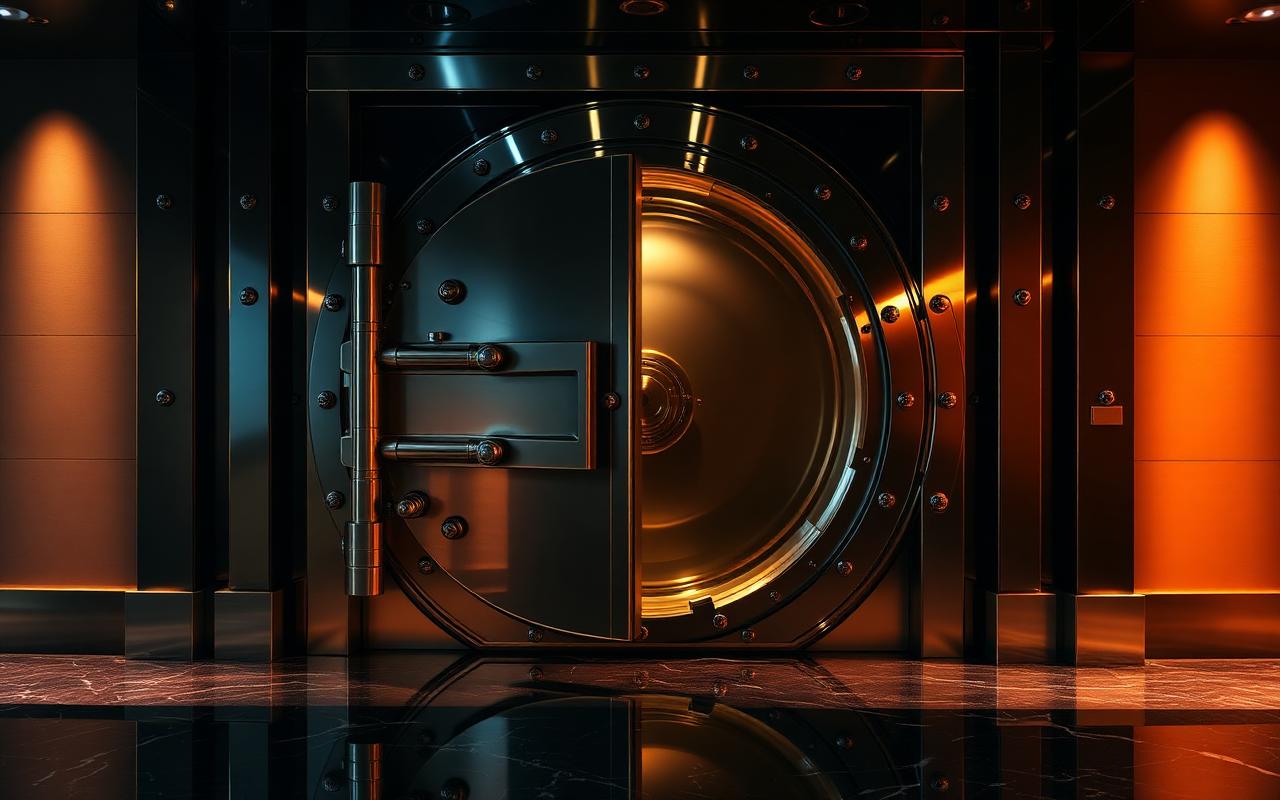 High-security vault interior with reinforced door open